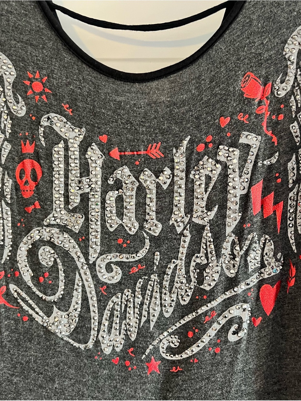 Harley-Davidson Gray Studded Graphic Scoop Neck Sweater with Red Accents